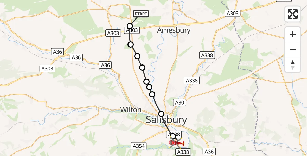 Flight route Air Ambulance Helicopter Larkhill - Nunton, 28 September 2026, 15:28