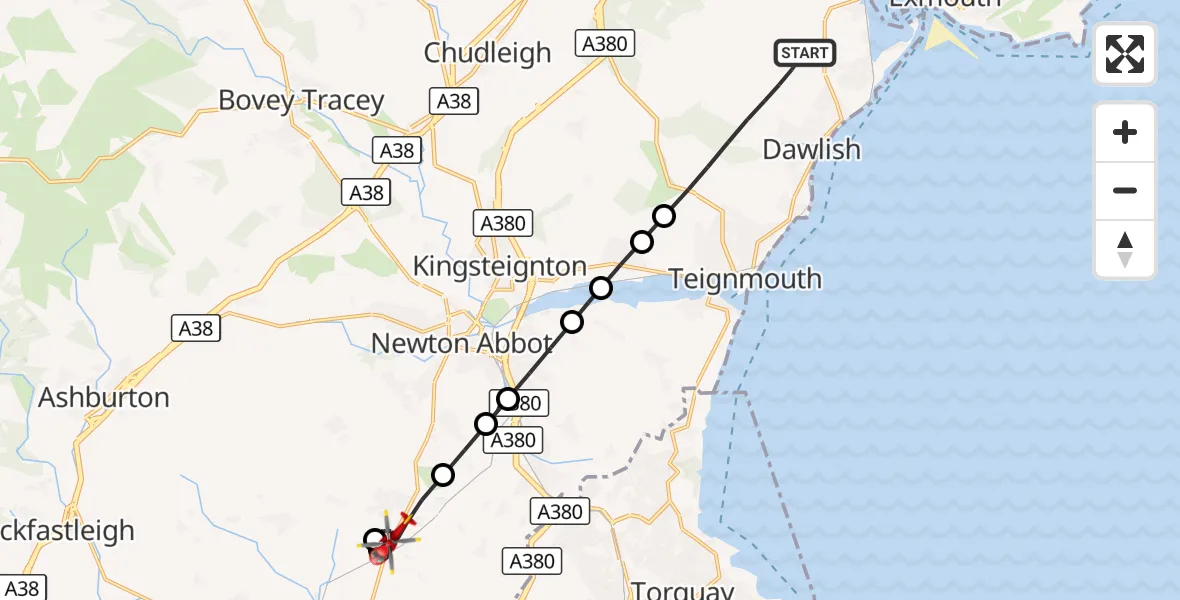 Flight route Air Ambulance Helicopter Dawlish - Ipplepen, 28 September 2026, 15:28
