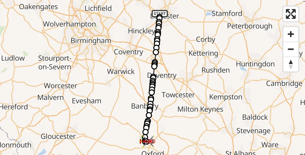 Flight route Air Ambulance Helicopter New Parks - London Oxford Airport, 28 September 2026, 15:32