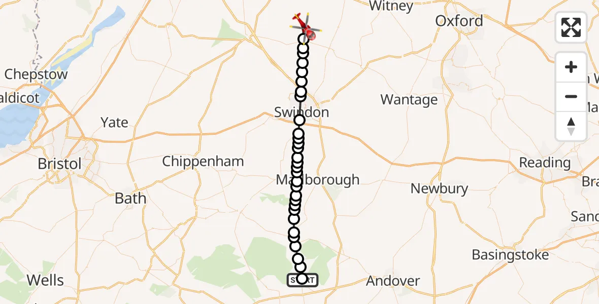 Flight route Air Ambulance Helicopter Larkhill - Quenington, 28 September 2026, 15:37