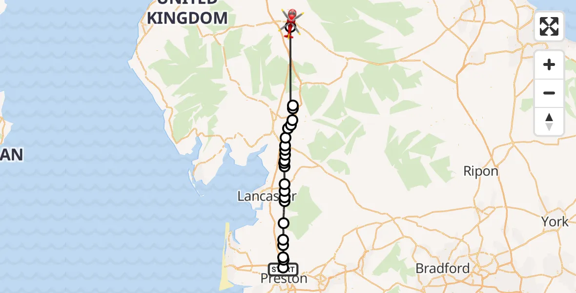 Flight route Air Ambulance Helicopter Royal Preston - Brougham, 28 September 2026, 15:53