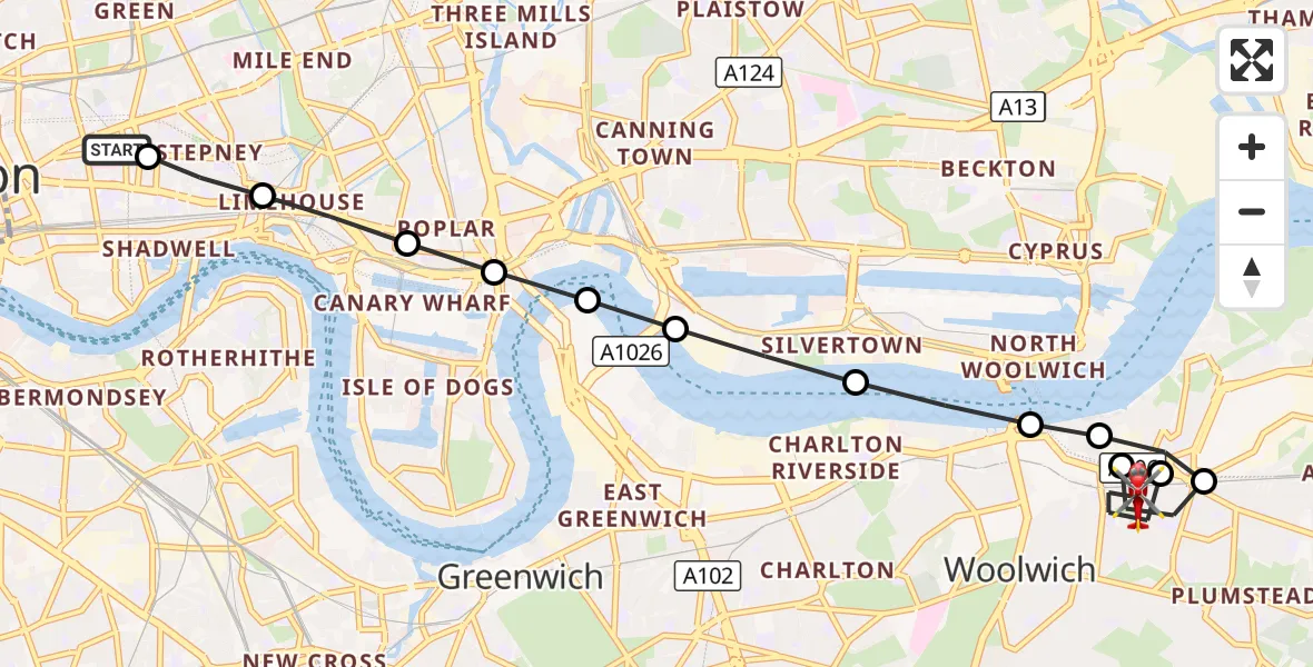 Flight route Air Ambulance Helicopter Royal London Hospital - Plumstead, 28 September 2026, 15:56