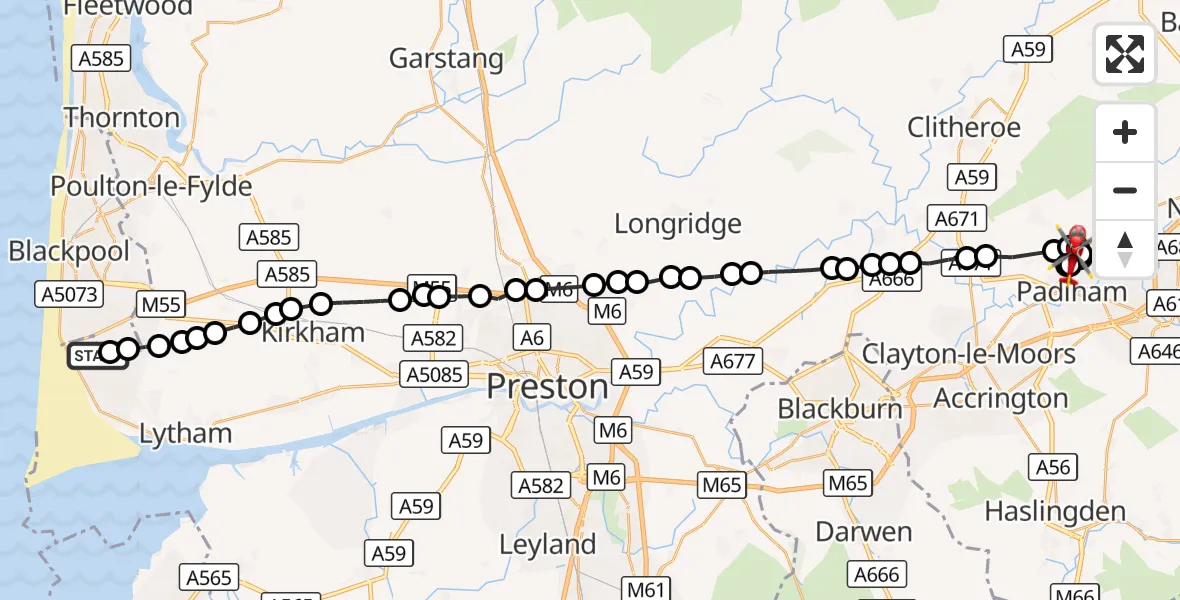 Flight route Air Ambulance Helicopter Blackpool Airport - Burnley, 28 September 2026, 15:58