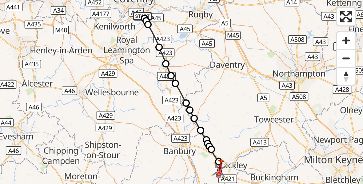 Flight route Air Ambulance Helicopter Coventry Airport - Hinton-in-the-Hedges, 28 September 2026, 16:07