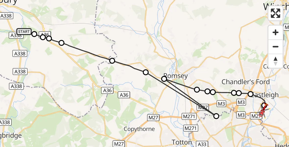 Flight route Air Ambulance Helicopter Alderbury - Southampton Airport, 28 September 2026, 16:10