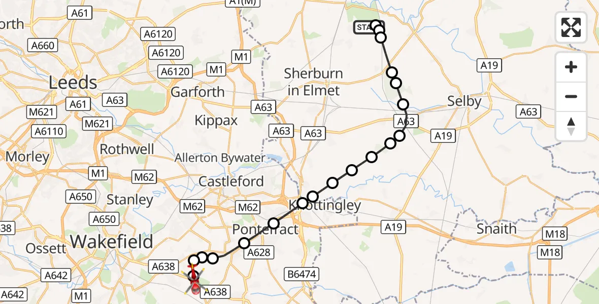 Flight route Air Ambulance Helicopter Leeds East Airport - YAA Nostell Helicopter Port, 28 September 2026, 16:14