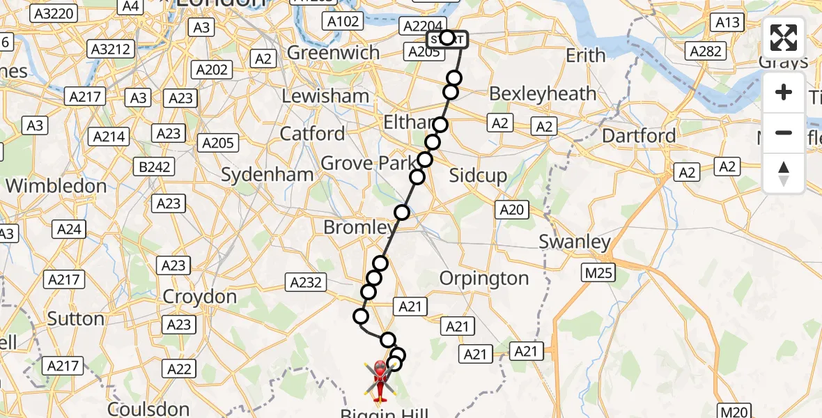 Flight route Air Ambulance Helicopter Plumstead - London Biggin Hill Airport, 28 September 2026, 16:25