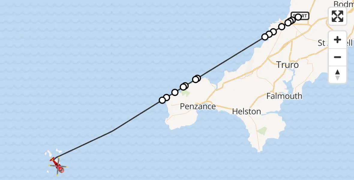 Flight route Air Ambulance Helicopter Cornwall Airport Newquay - St. Mary's Airport, 28 September 2026, 16:25