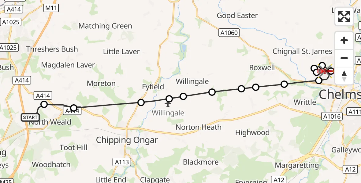 Flight route Air Ambulance Helicopter North Weald Airfield - Chignall St. James, 28 September 2026, 16:27