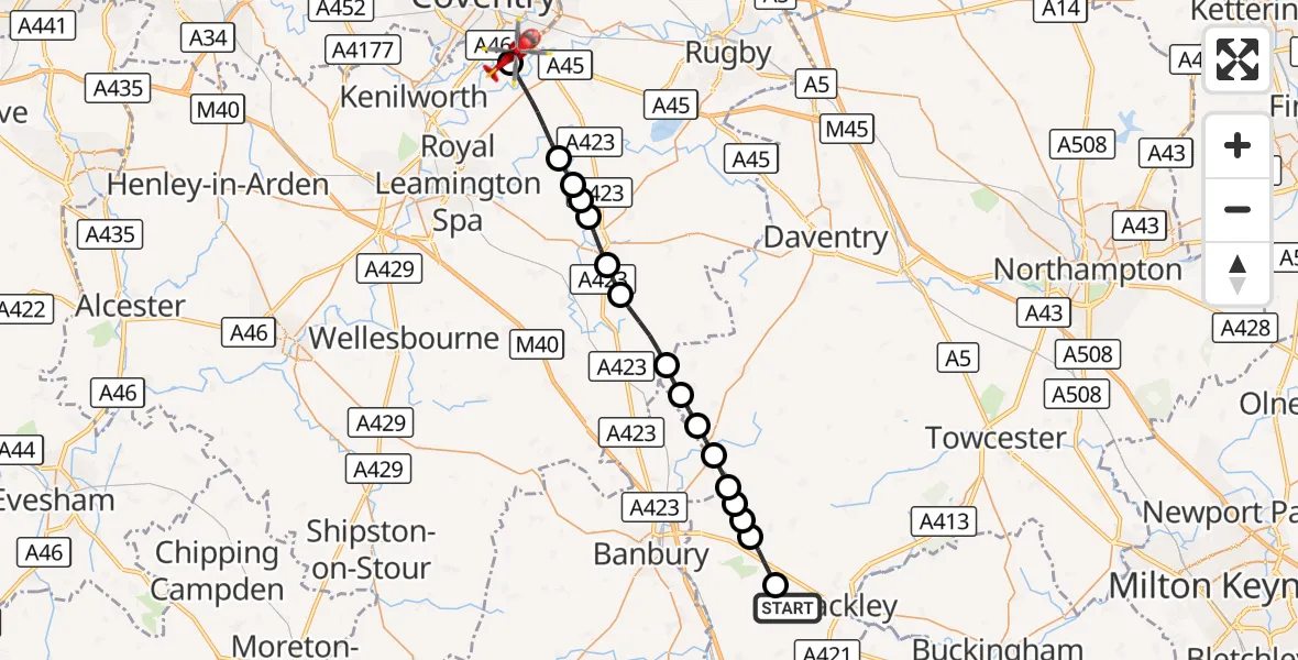 Flight route Air Ambulance Helicopter Hinton-in-the-Hedges Airfield - Coventry Airport, 28 September 2026, 16:34
