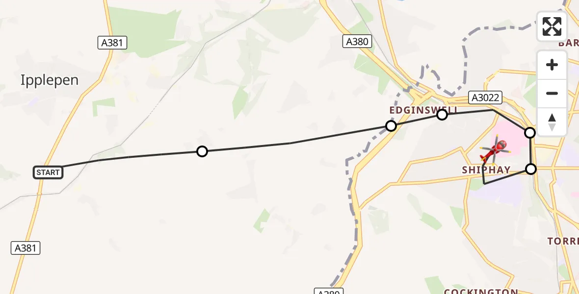 Flight route Air Ambulance Helicopter Ipplepen - Torquay, 28 September 2026, 16:34