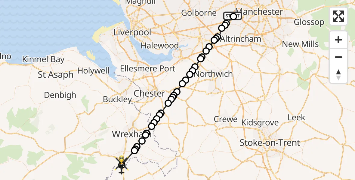Flight route Police Helicopter Manchester Barton Aerodrome - Chirk, 28 September 2026, 16:37