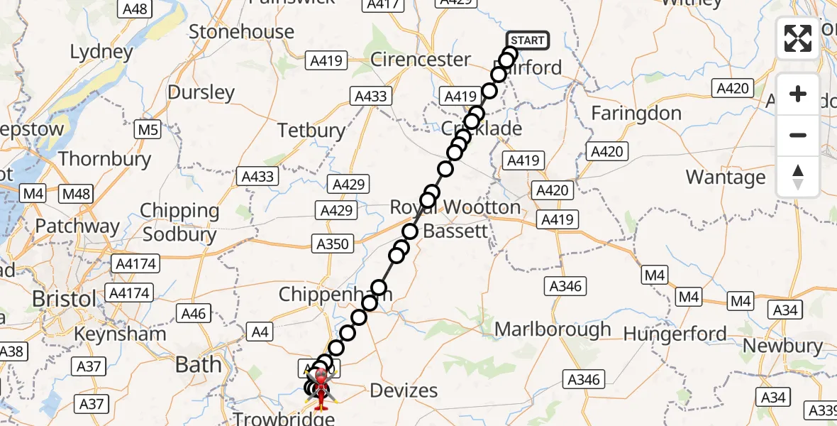 Flight route Air Ambulance Helicopter Quenington - Wiltshire Air Ambulance, 28 September 2026, 16:41