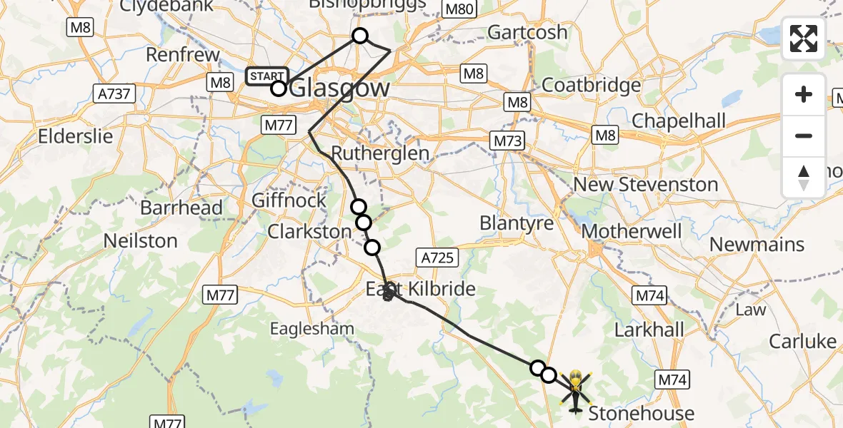 Flight route Police Helicopter Glasgow - Strathaven, 28 September 2026, 16:42