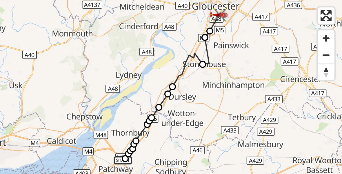 Flight route Air Ambulance Helicopter Woodlands - Gloucester, 28 September 2026, 16:53