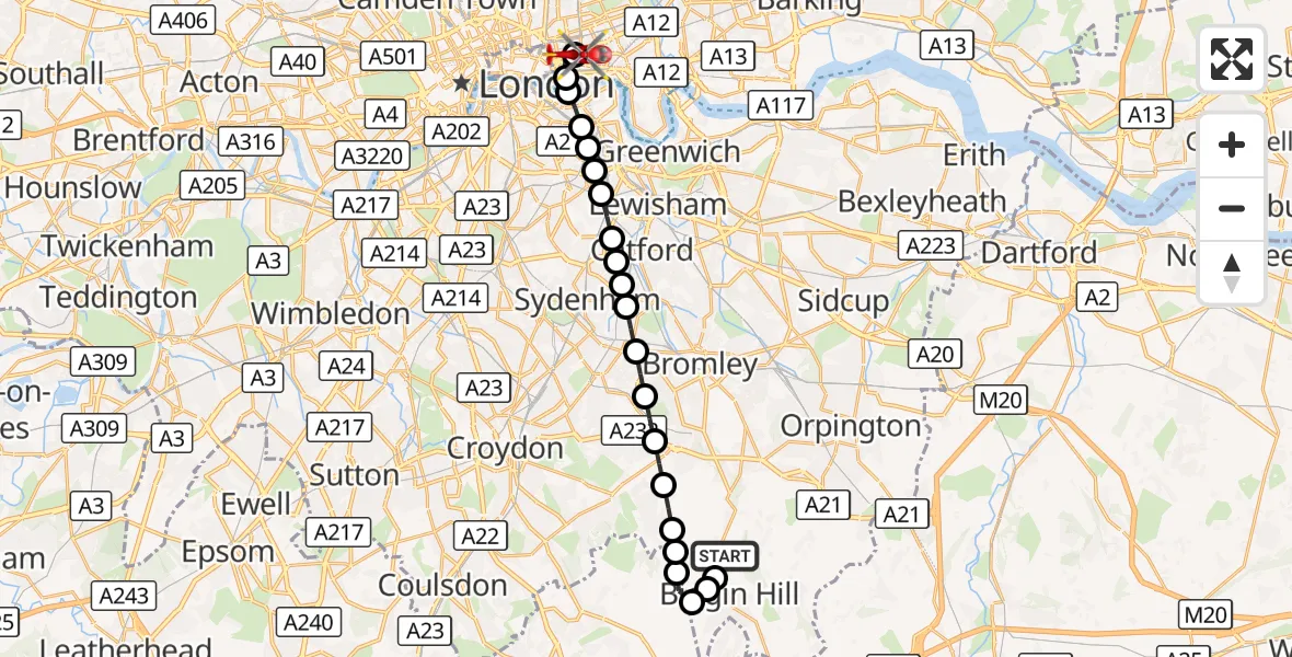 Flight route Air Ambulance Helicopter London Biggin Hill Airport - Royal London Hospital, 28 September 2026, 16:56