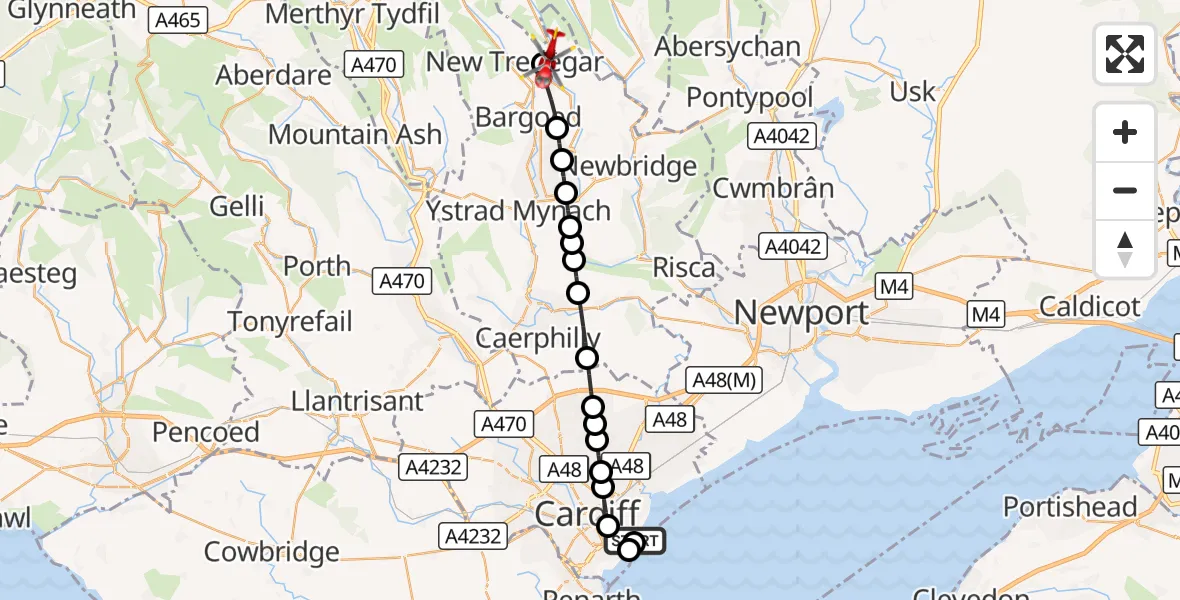 Flight route Air Ambulance Helicopter Cardiff Heliport - Brithdir, 28 September 2026, 17:01