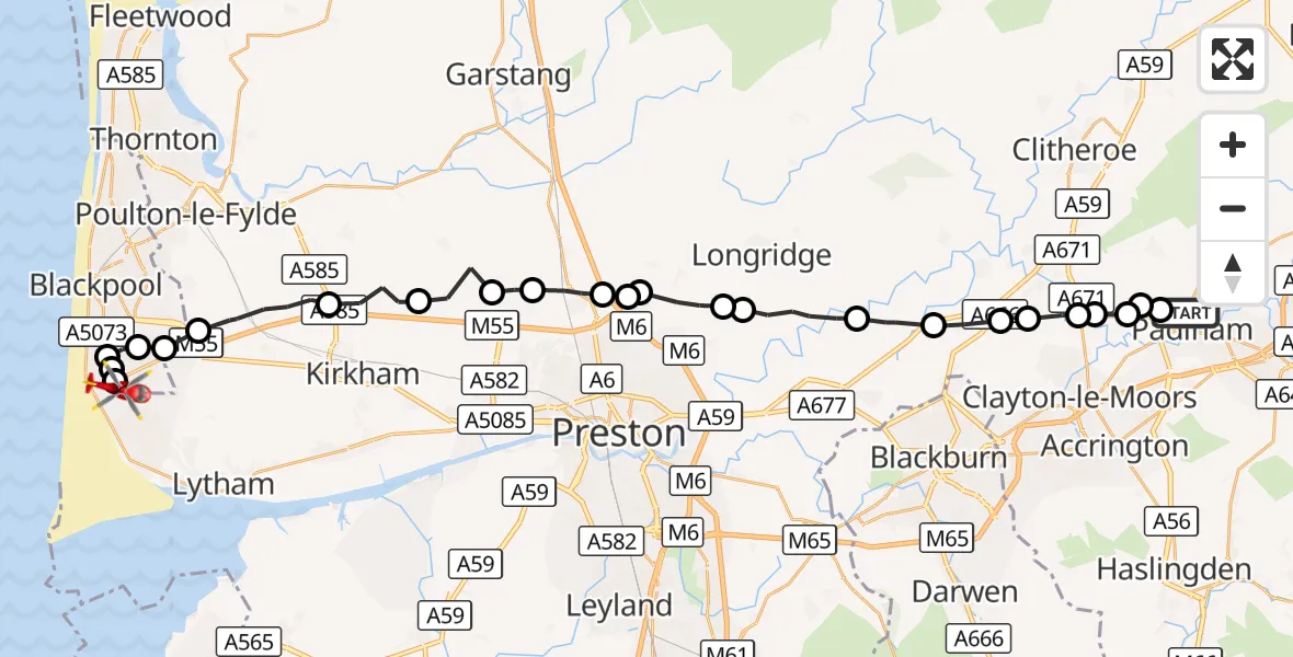 Flight route Air Ambulance Helicopter Padiham - Blackpool Airport, 28 September 2026, 17:01
