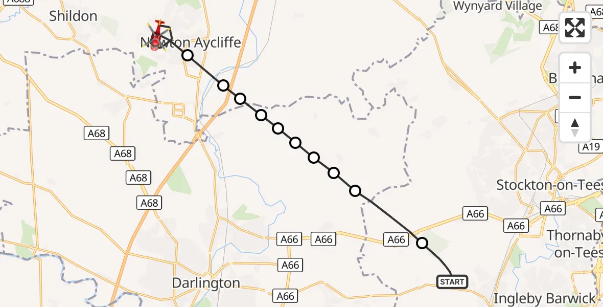 Flight route Air Ambulance Helicopter Egglescliffe - Newton Aycliffe, 28 September 2026, 17:04