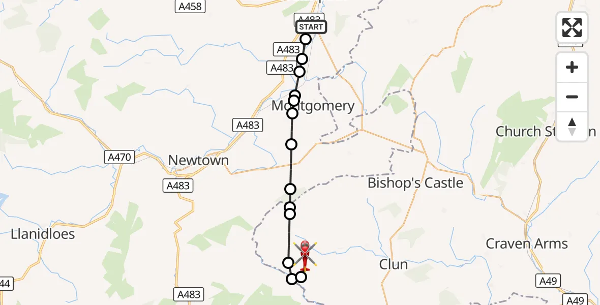 Flight route Air Ambulance Helicopter Welshpool Airport - Bettws-y-Crwyn, 28 September 2026, 17:15