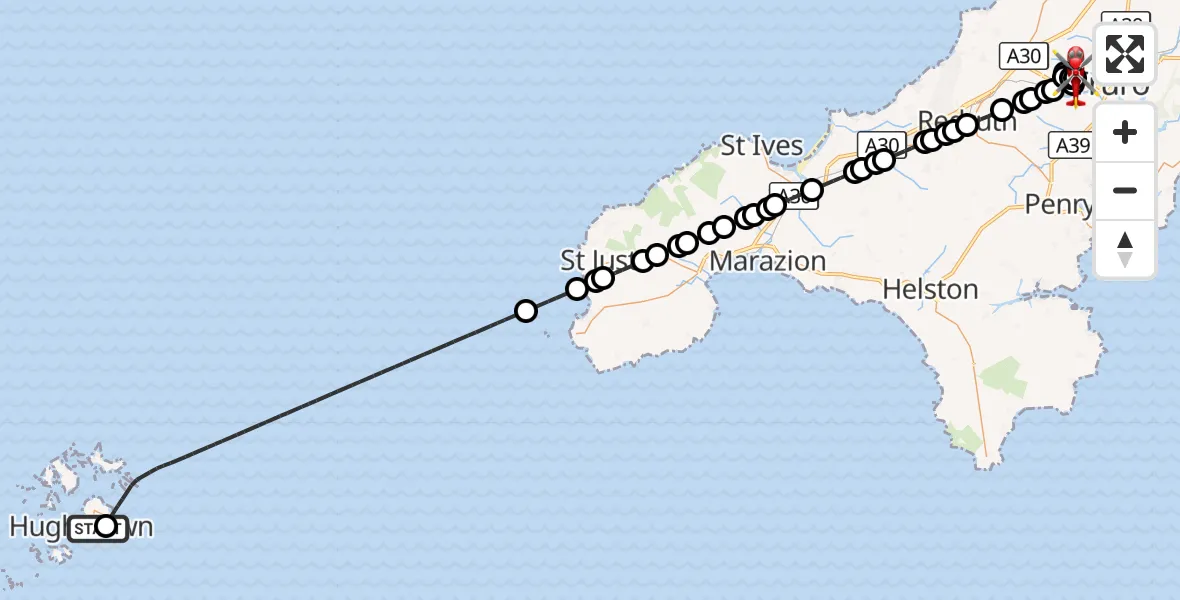 Flight route Air Ambulance Helicopter St. Mary's Airport - Treliske Hospital, 28 September 2026, 17:16