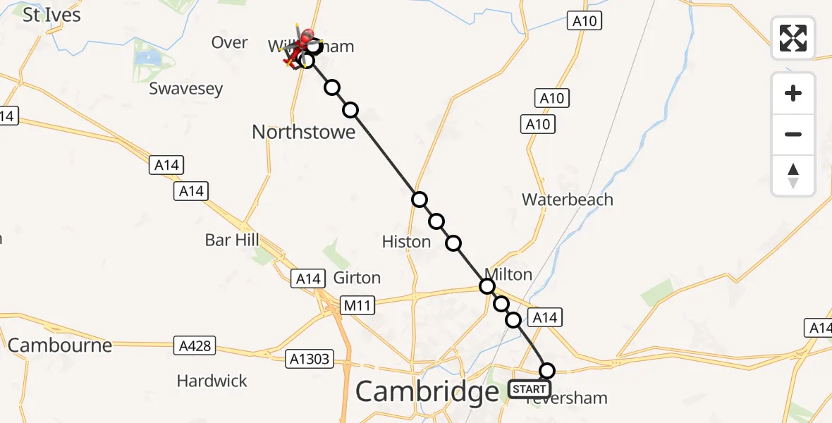 Flight route Air Ambulance Helicopter Cambridge City Airport - Willingham, 28 September 2026, 17:19