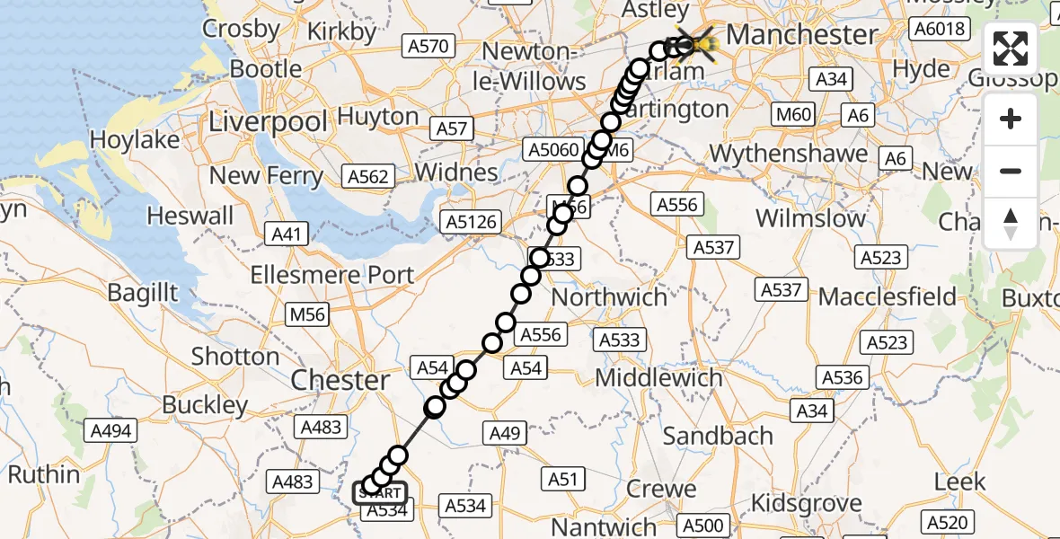 Flight route Police Helicopter Clutton - Irlam, 28 September 2026, 17:23