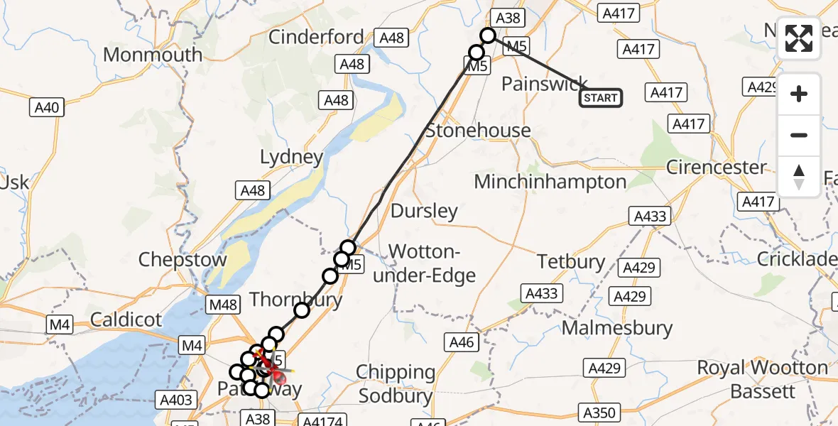 Flight route Air Ambulance Helicopter Stroud - Almondsbury Helicopter Base, 28 September 2026, 17:25