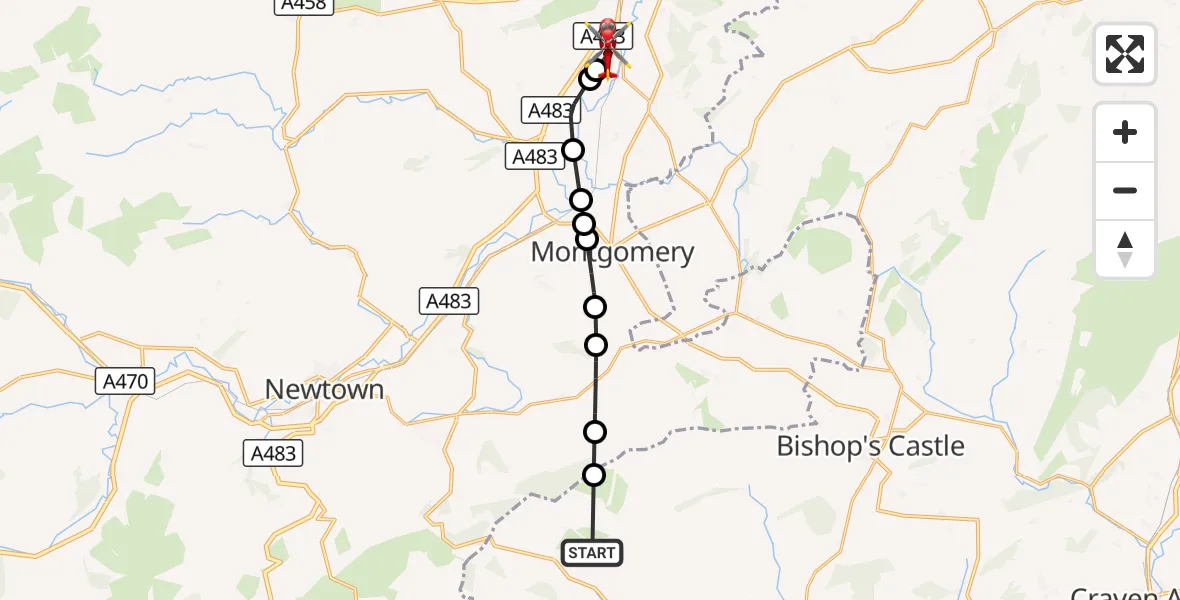 Flight route Air Ambulance Helicopter Bettws-y-Crwyn - Welshpool Airport, 28 September 2026, 17:26