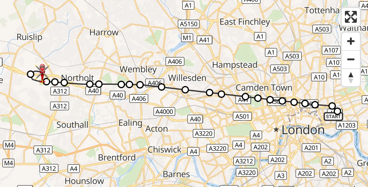 Flight route Air Ambulance Helicopter Royal London Hospital - RAF Northolt, 28 September 2026, 17:27