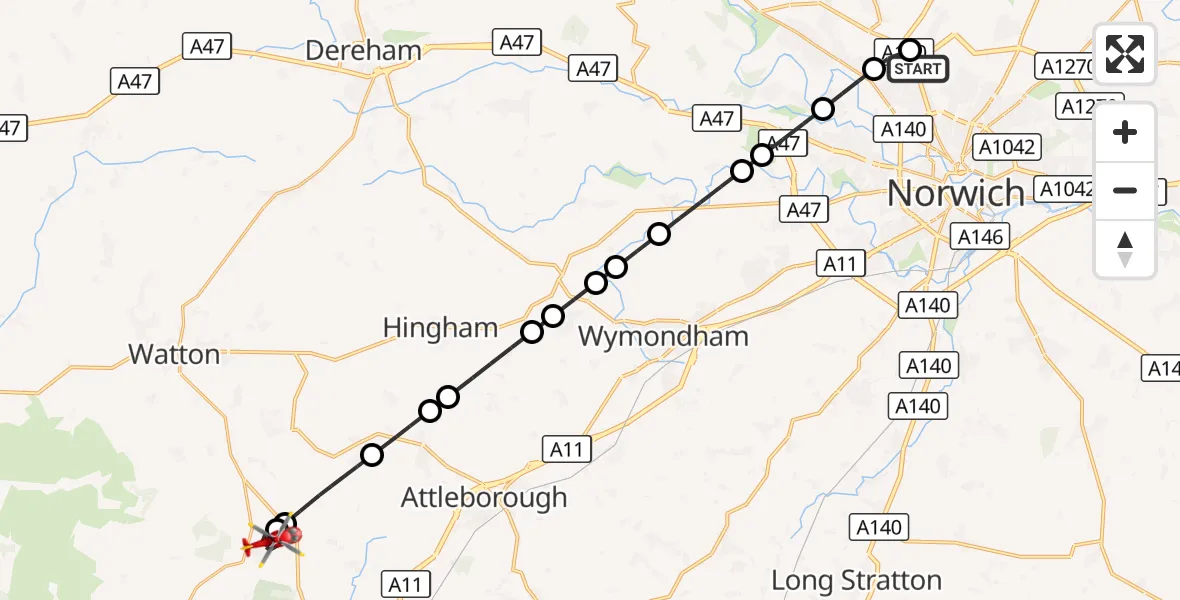 Flight route Air Ambulance Helicopter Norwich Airport - Great Hockham, 28 September 2026, 17:39