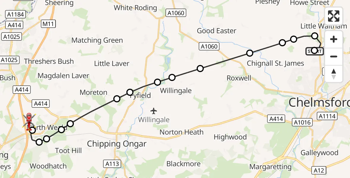 Flight route Air Ambulance Helicopter Broomfield Hospital - North Weald Airfield, 28 September 2026, 17:43