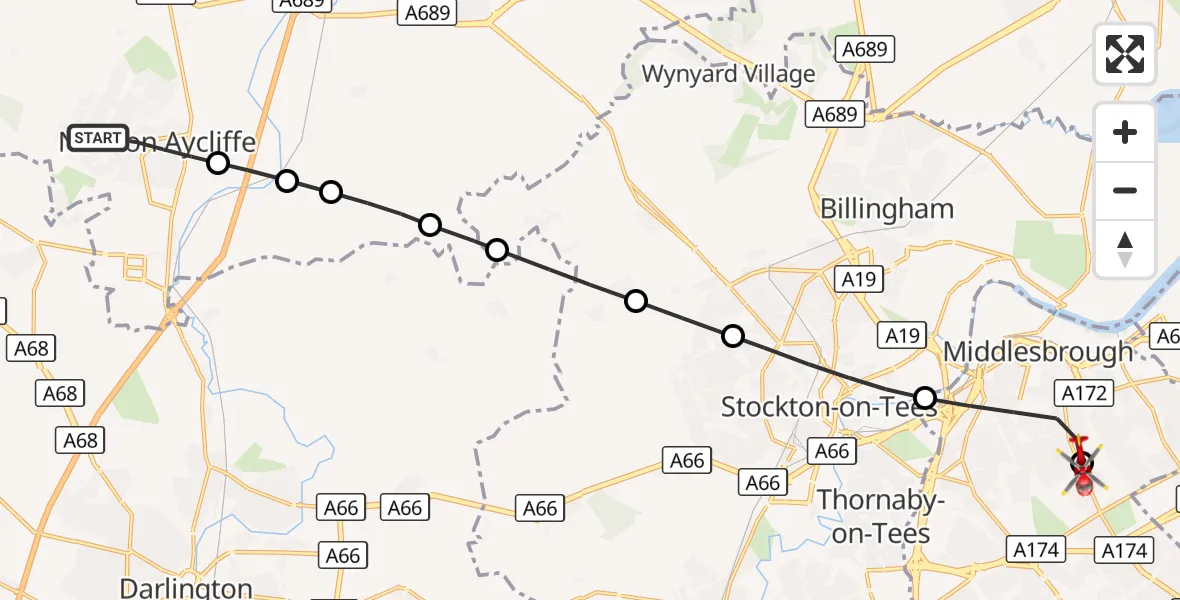 Flight route Air Ambulance Helicopter Newton Aycliffe - James Cook University Hospital, 28 September 2026, 17:52