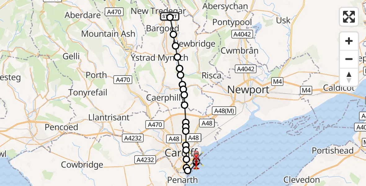 Flight route Air Ambulance Helicopter Aberbargoed - Cardiff Heliport, 28 September 2026, 17:53