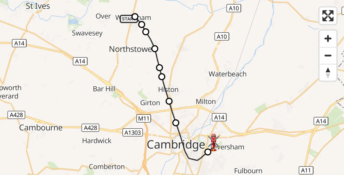 Flight route Air Ambulance Helicopter Willingham - Cambridge City Airport, 28 September 2026, 18:01