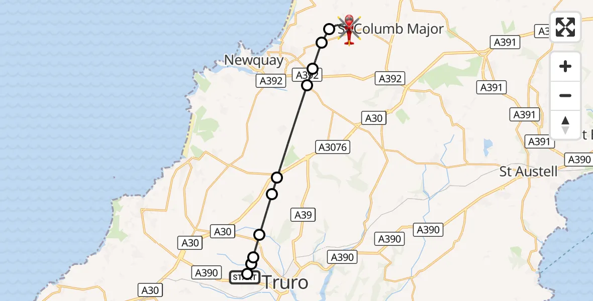 Flight route Air Ambulance Helicopter Treliske Hospital - Cornwall Airport Newquay, 28 September 2026, 18:01