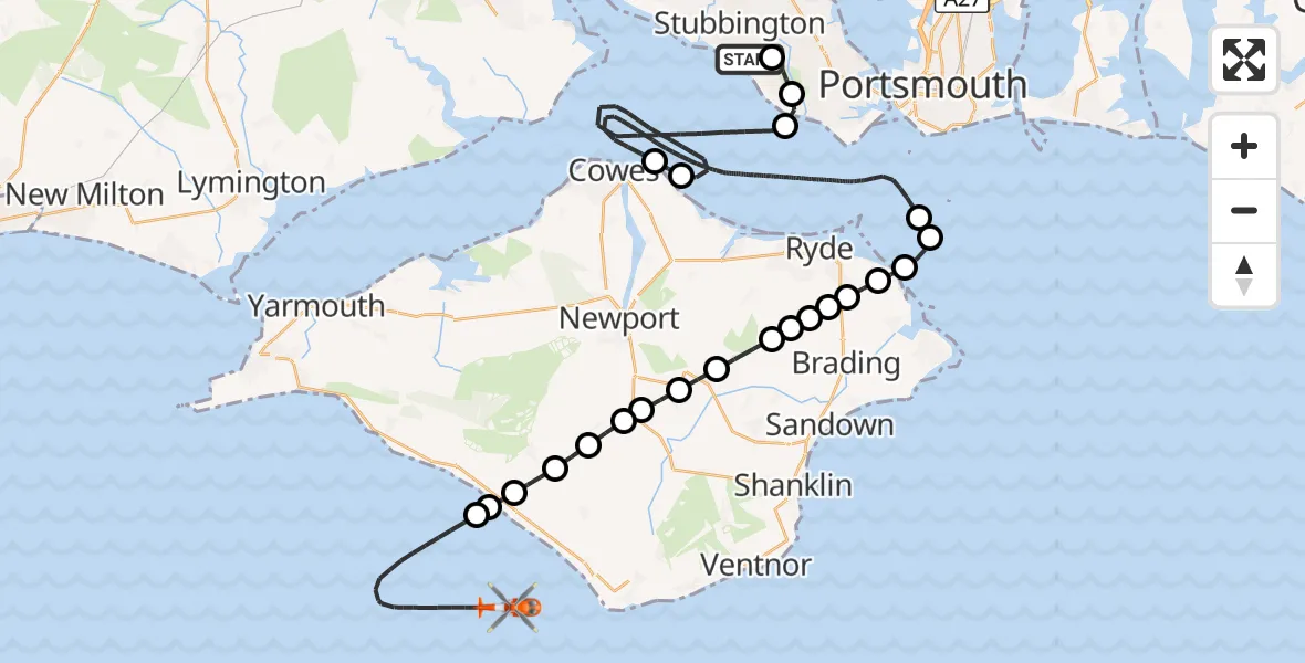Flight route Coastguard Helicopter Solent Airport - English Channel, 28 September 2026, 18:15