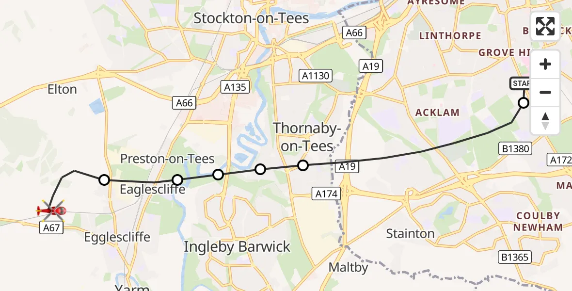Flight route Air Ambulance Helicopter James Cook University Hospital - Egglescliffe, 28 September 2026, 18:22