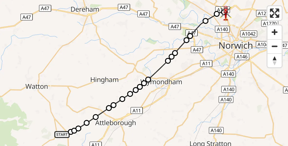 Flight route Air Ambulance Helicopter Great Hockham - Norwich Airport, 28 September 2026, 18:24