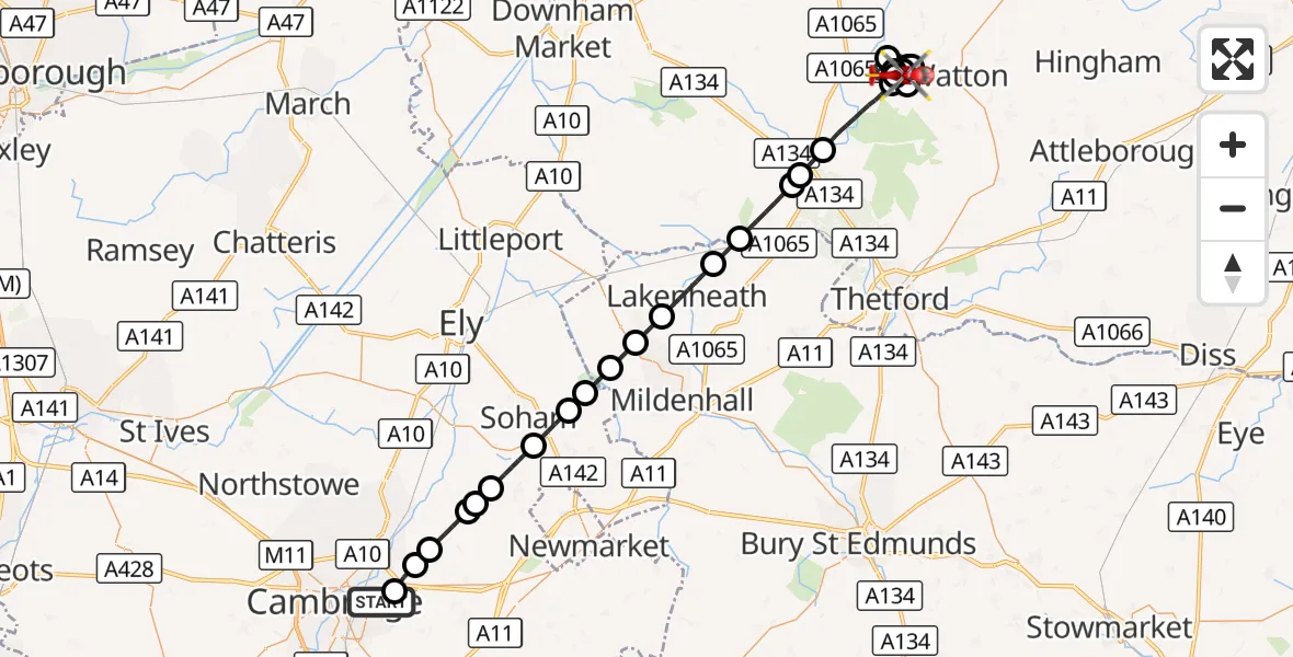 Flight route Air Ambulance Helicopter Cambridge City Airport - Breckland, 28 September 2026, 18:26