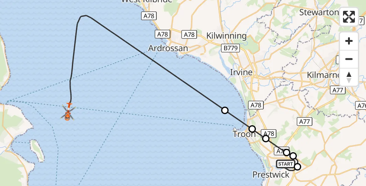 Flight route Coastguard Helicopter Glasgow Prestwick Airport - Inner Seas, 28 September 2026, 18:29