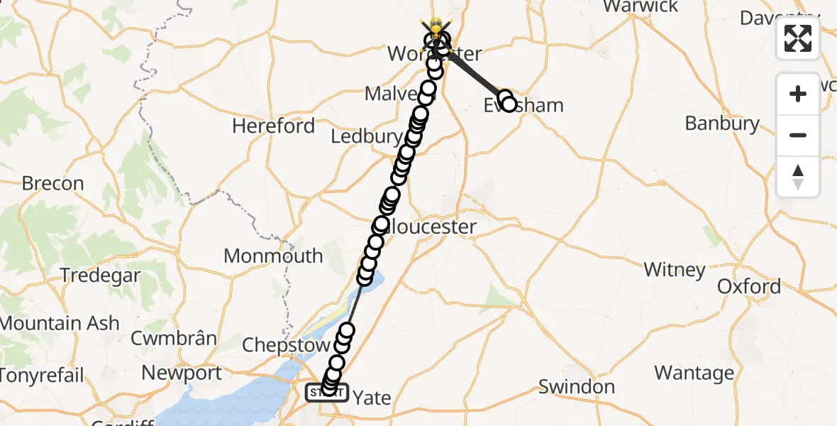 Flight route Police Helicopter Woodlands - Claines, 28 September 2026, 18:38