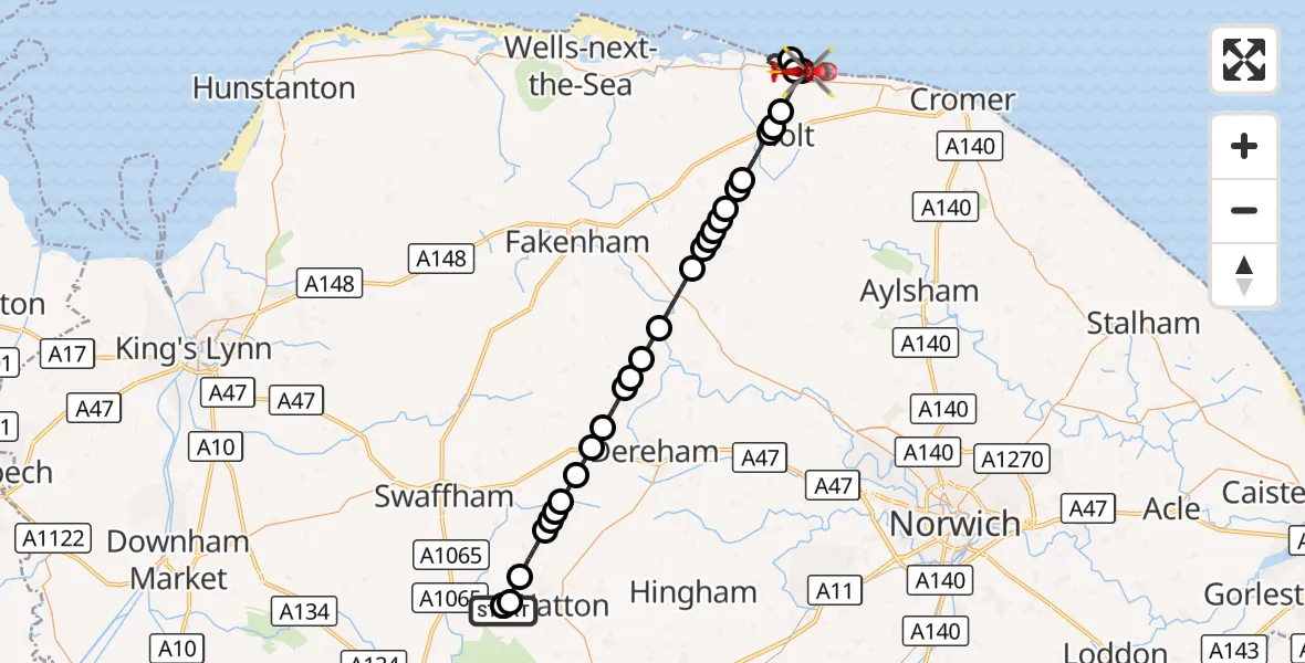 Flight route Air Ambulance Helicopter Breckland - North Norfolk, 28 September 2026, 18:58