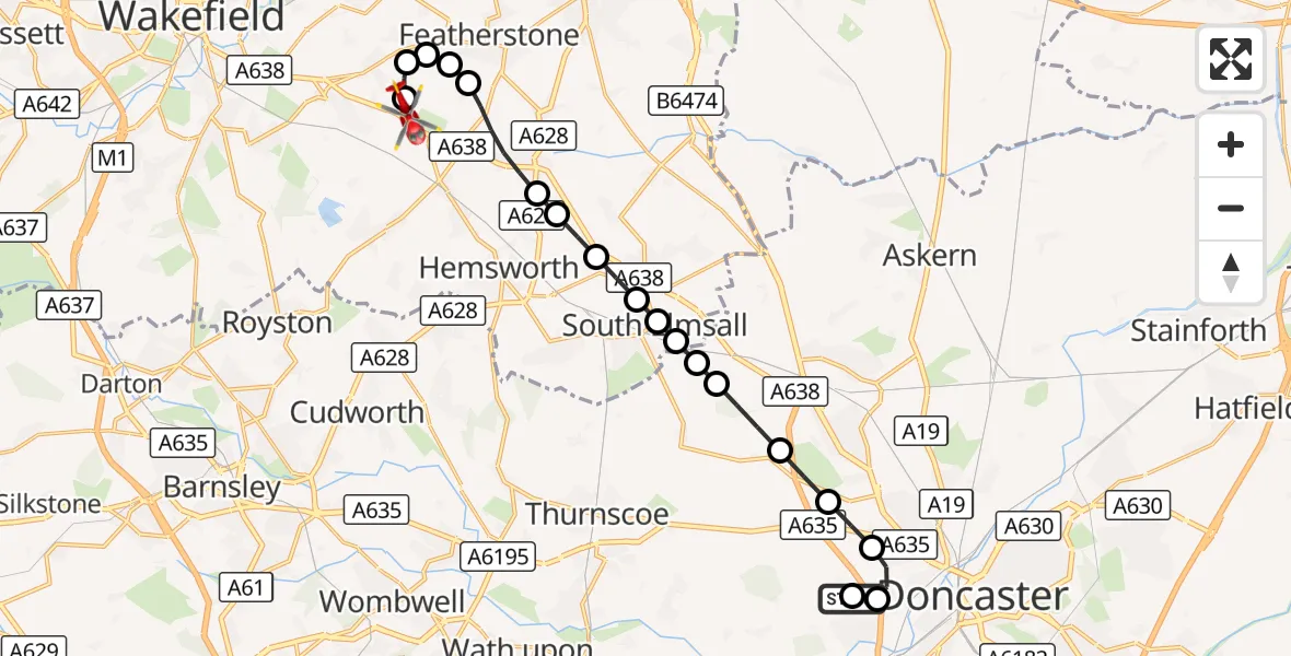 Flight route Air Ambulance Helicopter Scawsby - YAA Nostell Helicopter Port, 28 September 2026, 18:59
