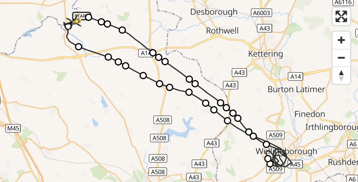 Flight route Police Helicopter Husbands Bosworth Airfield - Harborough, 28 September 2026, 19:03