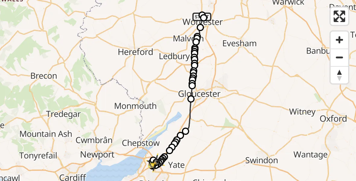 Flight route Police Helicopter Claines - Almondsbury Helicopter Base, 28 September 2026, 19:19