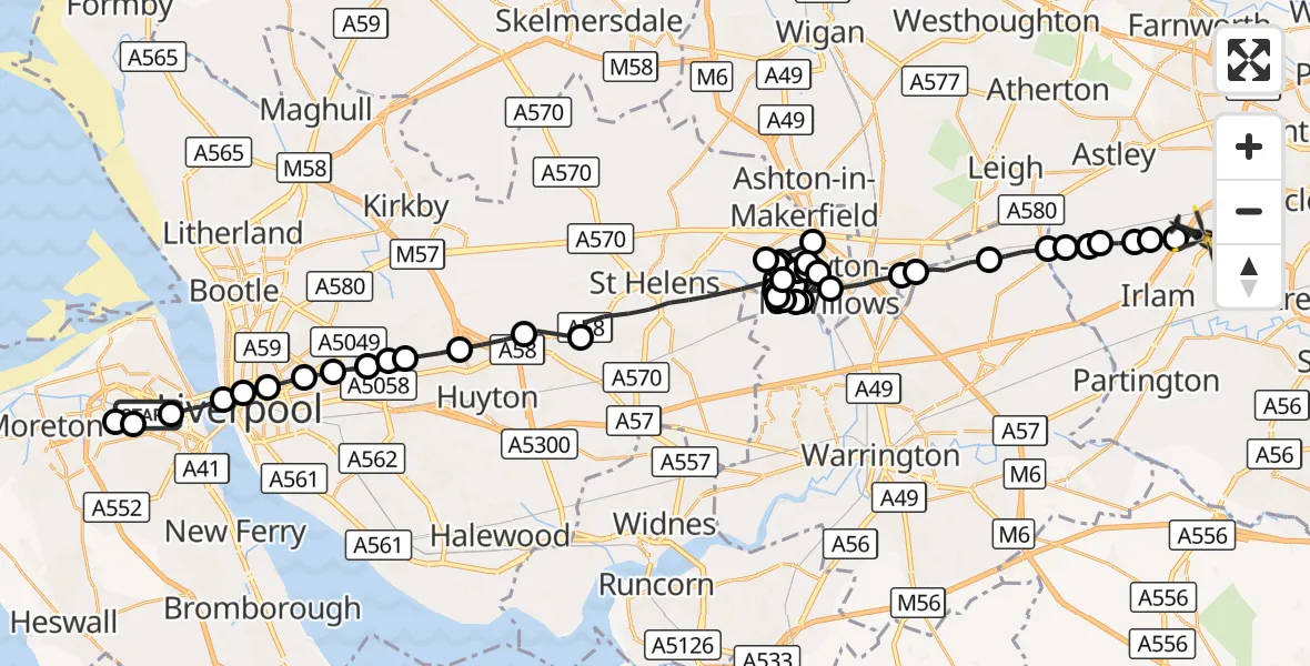 Flight route Police Helicopter Wallasey - Manchester Barton Aerodrome, 28 September 2026, 19:21