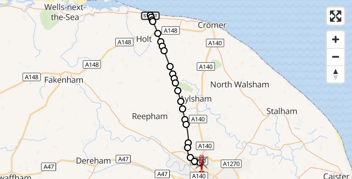 Flight route Air Ambulance Helicopter Salthouse - Norwich Airport, 28 September 2026, 19:30