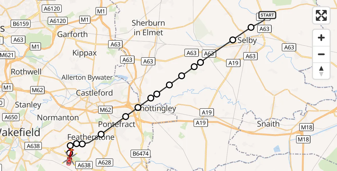 Flight route Air Ambulance Helicopter Barlby - YAA Nostell Helicopter Port, 28 September 2026, 19:32