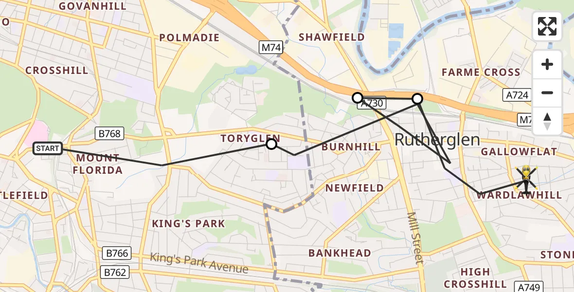 Flight route Police Helicopter Glasgow - Rutherglen, 28 September 2026, 19:38